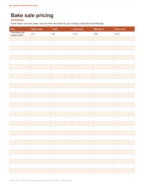 Preview of Printable Bake Sale Pricing Sheet